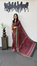 Rani Pink Cotton Saree with Traditional Tribal Print & Olive Green Border