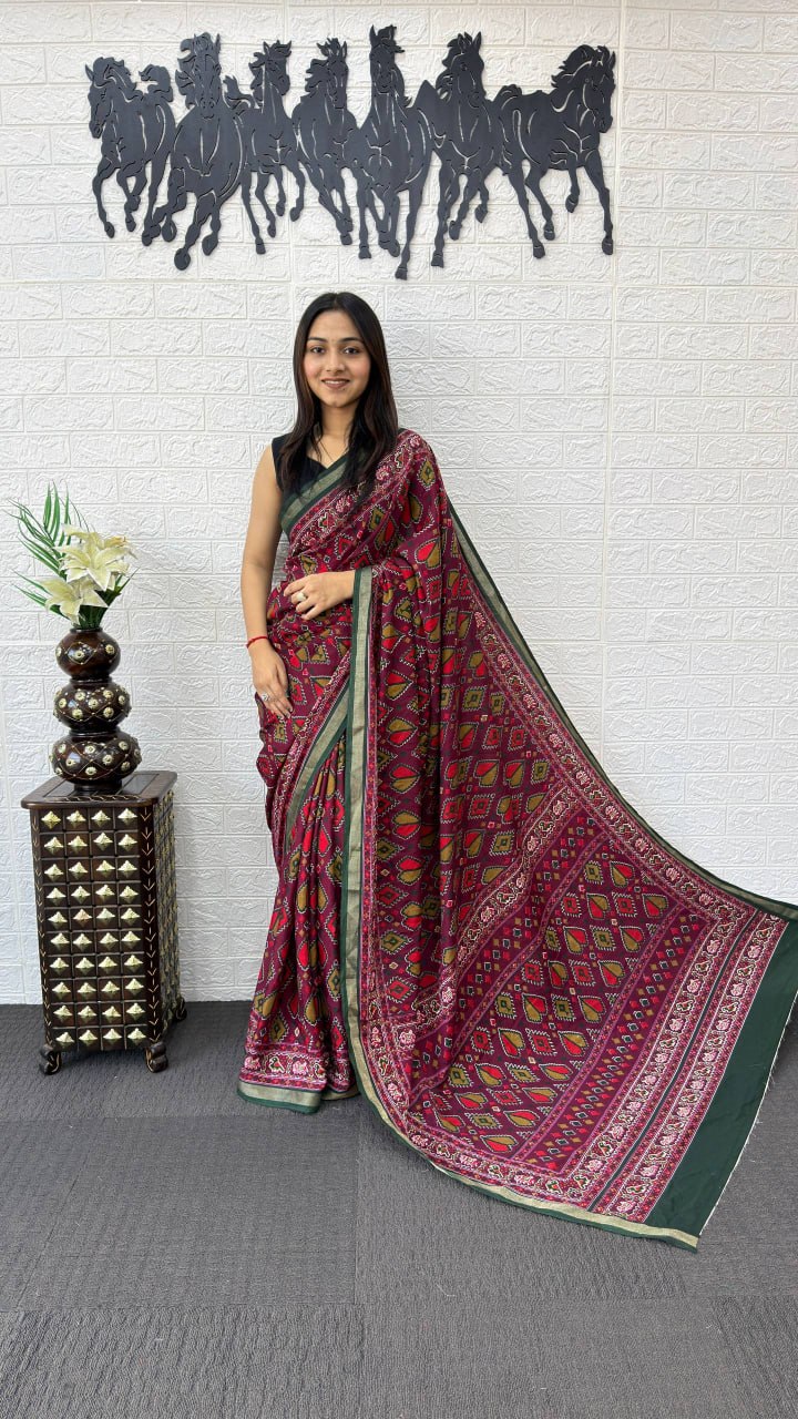 Rani Pink Cotton Saree with Traditional Tribal Print & Olive Green Border