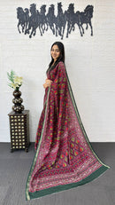 Rani Pink Cotton Saree with Traditional Tribal Print & Olive Green Border