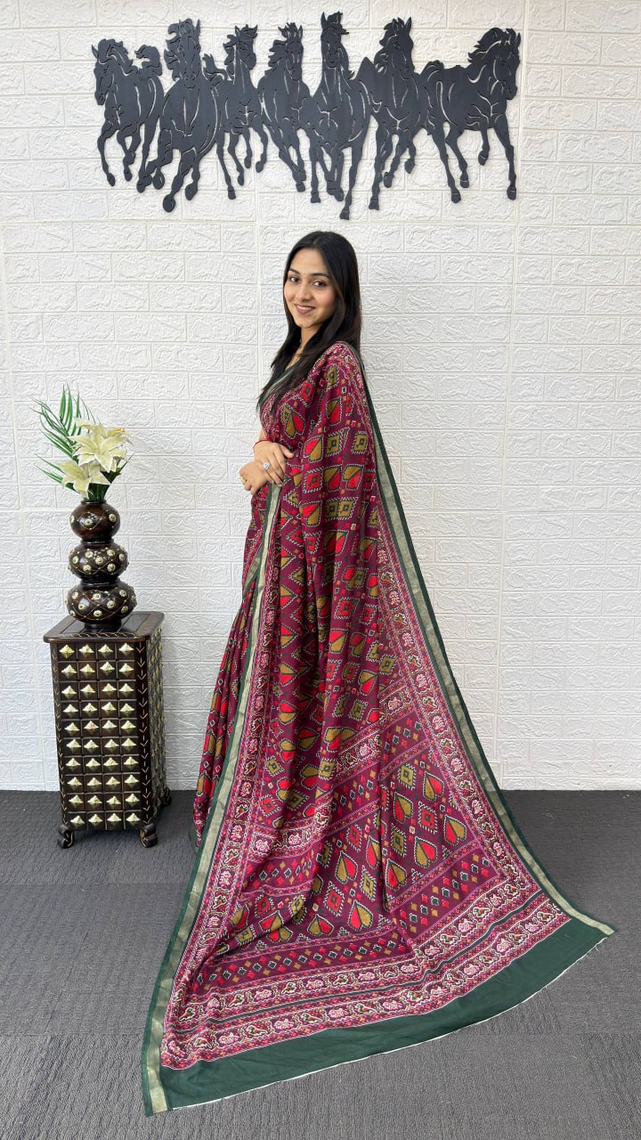 Rani Pink Cotton Saree with Traditional Tribal Print & Olive Green Border