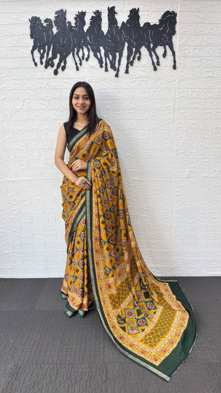 Mustard Yellow Cotton Saree with Traditional Geometric Print & Olive Green Border