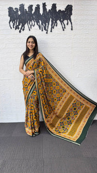 Mustard Yellow Cotton Saree with Traditional Geometric Print & Olive Green Border