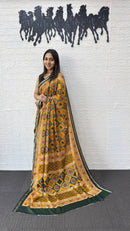 Mustard Yellow Cotton Saree with Traditional Geometric Print & Olive Green Border