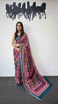 Teal Blue Cotton Saree with Traditional Geometric Print & Ethnic Designer Pallu
