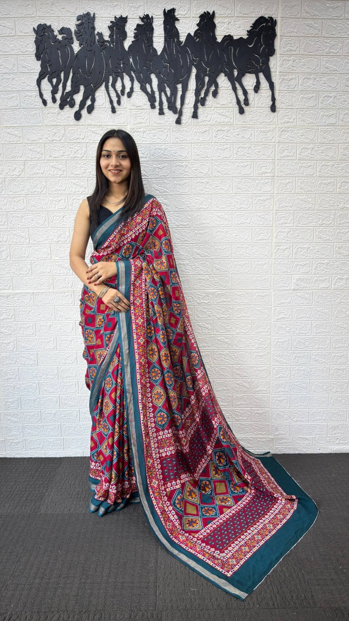 Teal Blue Cotton Saree with Traditional Geometric Print & Ethnic Designer Pallu