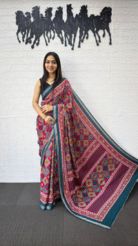 Teal Blue Cotton Saree with Traditional Geometric Print & Ethnic Designer Pallu