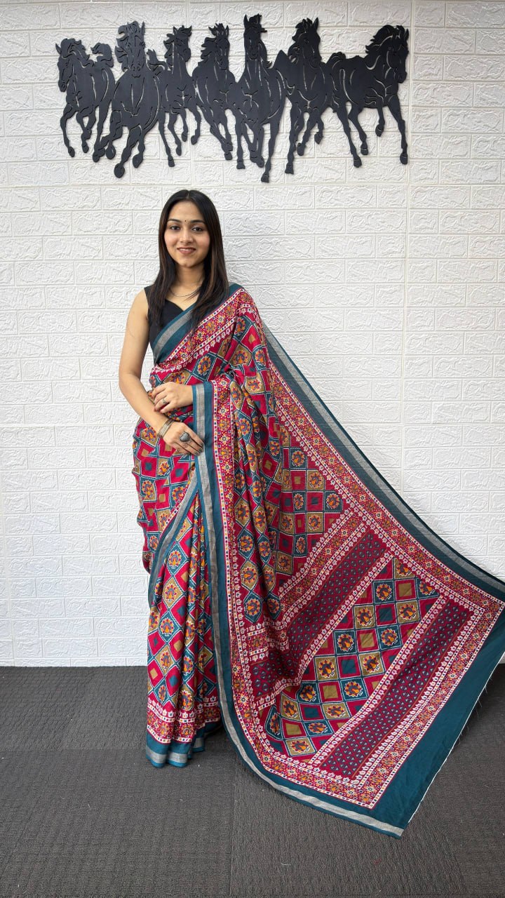 Teal Blue Cotton Saree with Traditional Geometric Print & Ethnic Designer Pallu