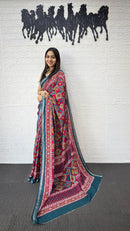 Teal Blue Cotton Saree with Traditional Geometric Print & Ethnic Designer Pallu