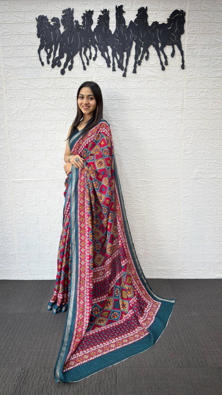 Teal Blue Cotton Saree with Traditional Geometric Print & Ethnic Designer Pallu