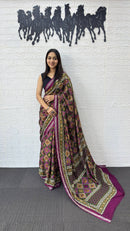 Olive Brown Cotton Saree with Traditional Geometric Print & Purple Border