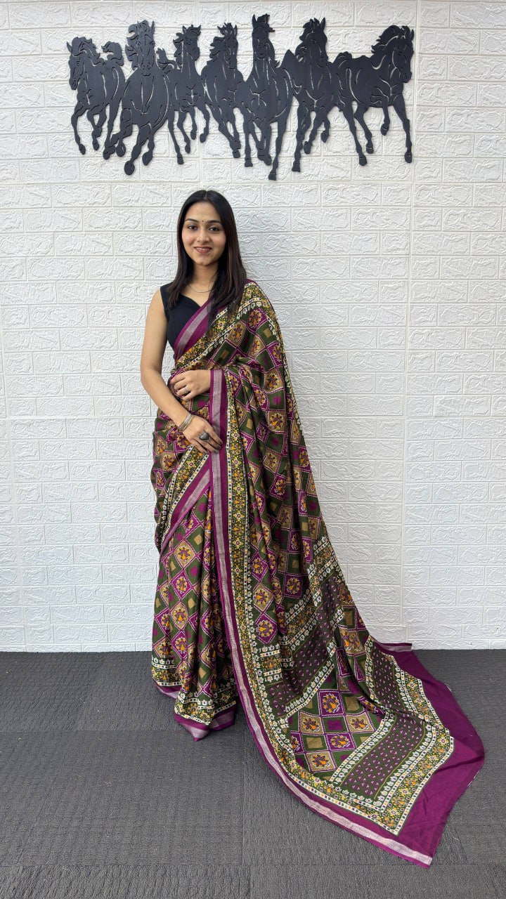 Olive Brown Cotton Saree with Traditional Geometric Print & Purple Border