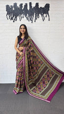 Olive Brown Cotton Saree with Traditional Geometric Print & Purple Border