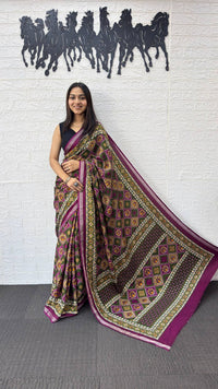 Olive Brown Cotton Saree with Traditional Geometric Print & Purple Border