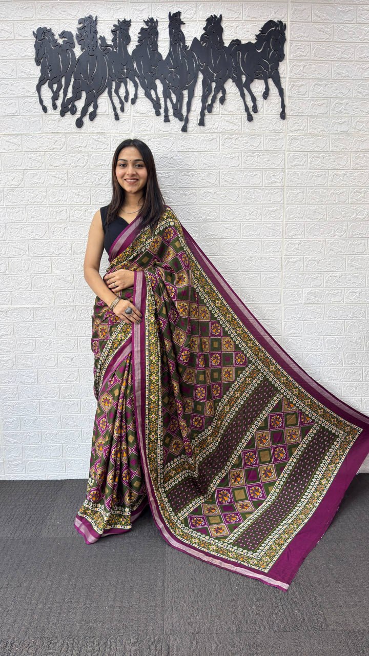 Olive Brown Cotton Saree with Traditional Geometric Print & Purple Border