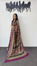 Olive Brown Cotton Saree with Traditional Geometric Print & Purple Border