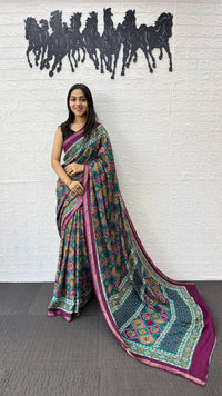 Teal Green Cotton Saree with Traditional Geometric Print & Purple Border