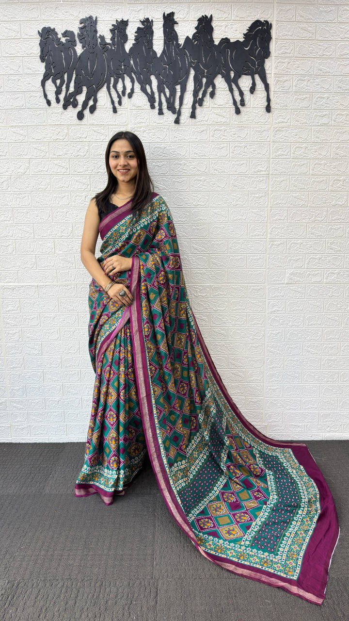 Teal Green Cotton Saree with Traditional Geometric Print & Purple Border