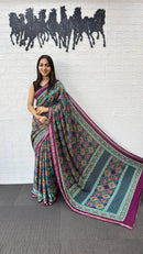 Teal Green Cotton Saree with Traditional Geometric Print & Purple Border