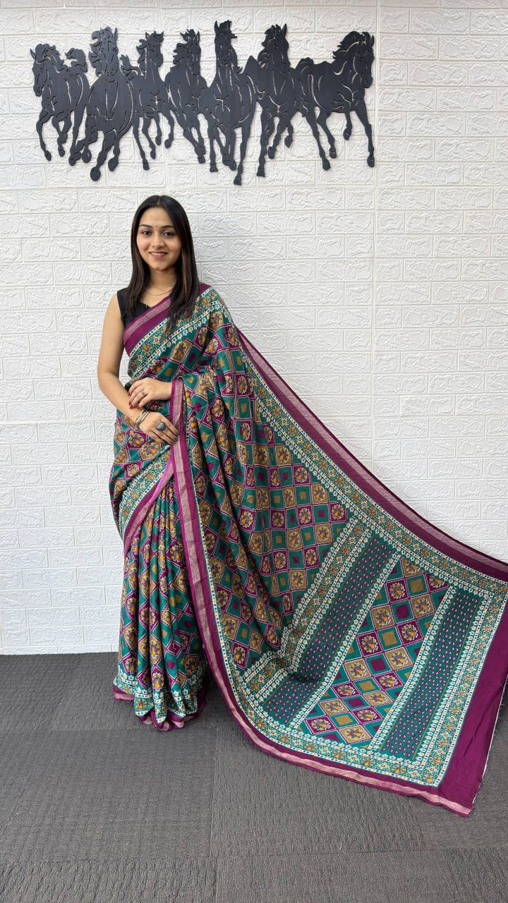 Teal Green Cotton Saree with Traditional Geometric Print & Purple Border