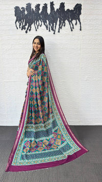 Teal Green Cotton Saree with Traditional Geometric Print & Purple Border