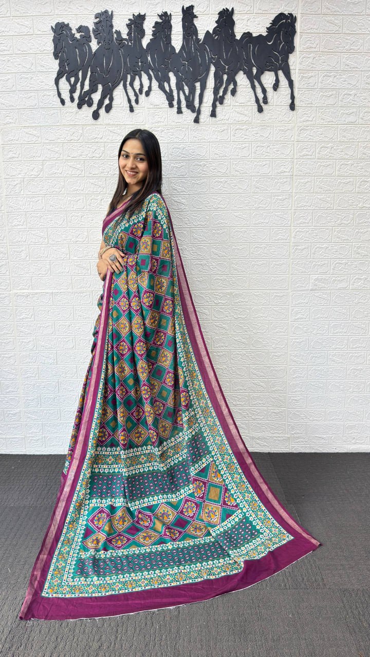 Teal Green Cotton Saree with Traditional Geometric Print & Purple Border