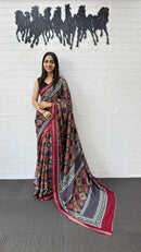Maroon & Navy Blue Cotton Saree with Traditional Geometric Print
