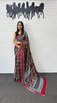 Maroon & Navy Blue Cotton Saree with Traditional Geometric Print