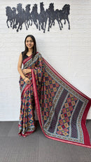 Maroon & Navy Blue Cotton Saree with Traditional Geometric Print