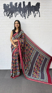 Maroon & Navy Blue Cotton Saree with Traditional Geometric Print