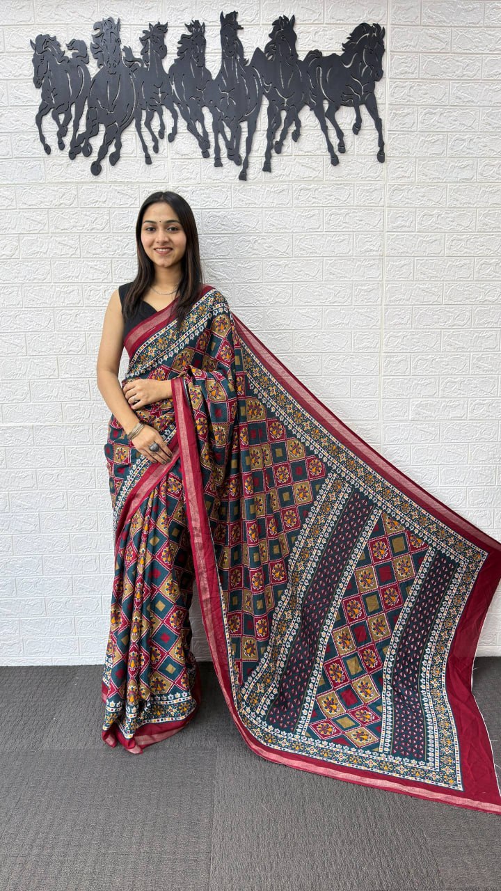 Maroon & Navy Blue Cotton Saree with Traditional Geometric Print