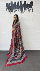 Maroon & Navy Blue Cotton Saree with Traditional Geometric Print