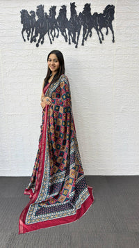 Maroon & Navy Blue Cotton Saree with Traditional Geometric Print