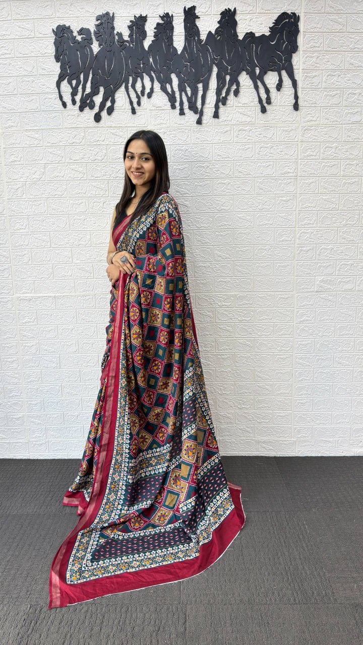 Maroon & Navy Blue Cotton Saree with Traditional Geometric Print