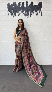Deep Maroon Cotton Saree with Traditional Geometric Print & Designer Ethnic Pallu