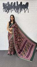 Deep Maroon Cotton Saree with Traditional Geometric Print & Designer Ethnic Pallu