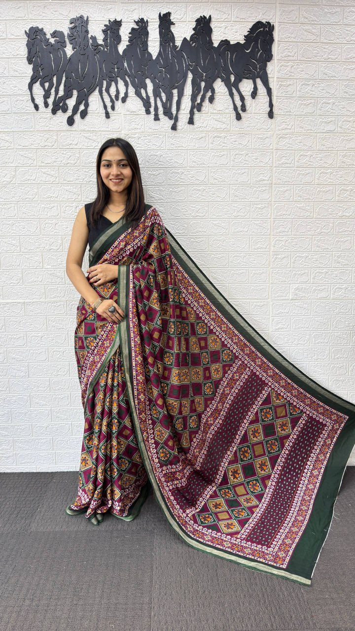 Deep Maroon Cotton Saree with Traditional Geometric Print & Designer Ethnic Pallu