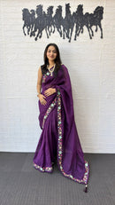 Royal Purple Linen Silk Saree with Floral Embroidered Border