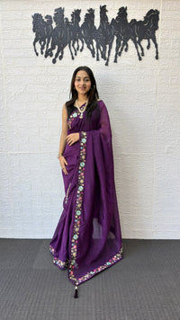 Royal Purple Linen Silk Saree with Floral Embroidered Border