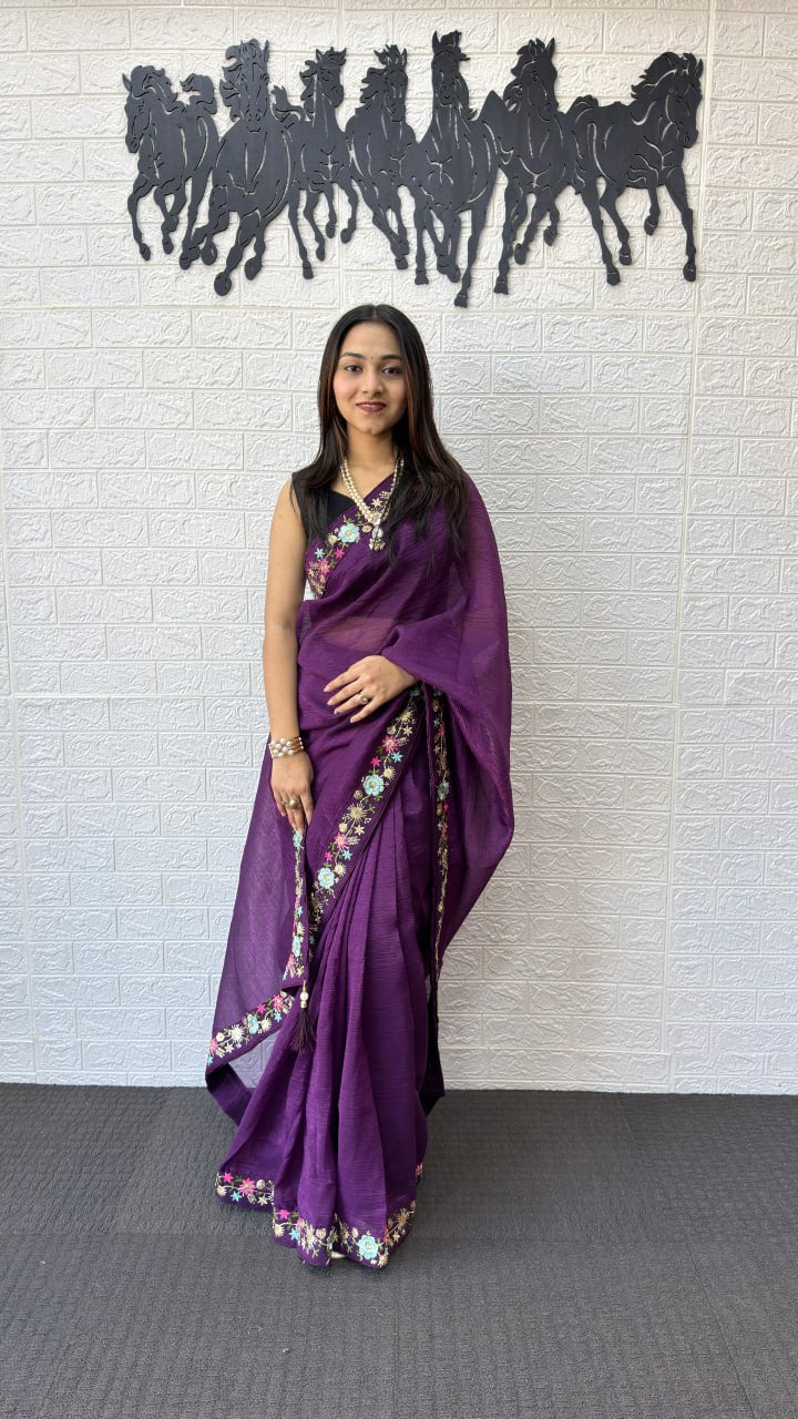Royal Purple Linen Silk Saree with Floral Embroidered Border