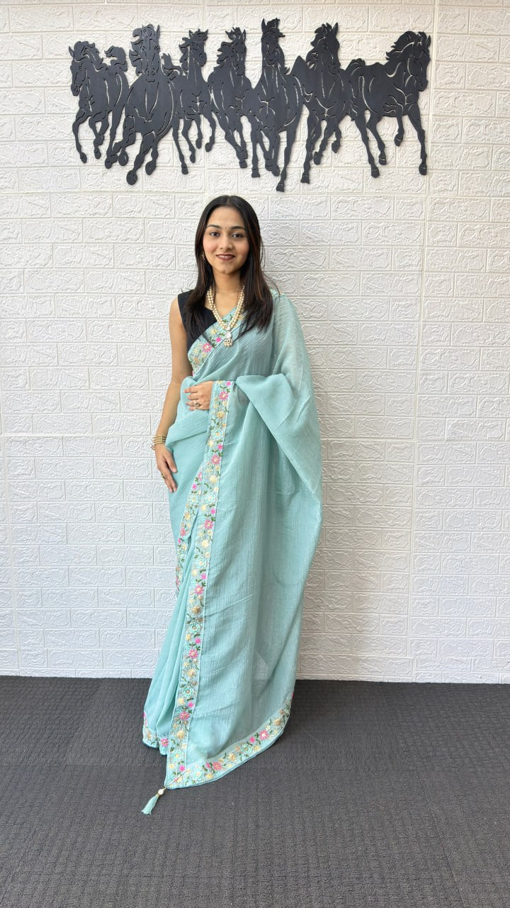 Powder Blue Linen Silk Saree with Floral Embroidered Border