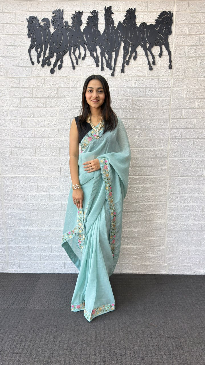 Powder Blue Linen Silk Saree with Floral Embroidered Border