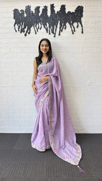 Lavender Linen Silk Saree with Floral Embroidered Border