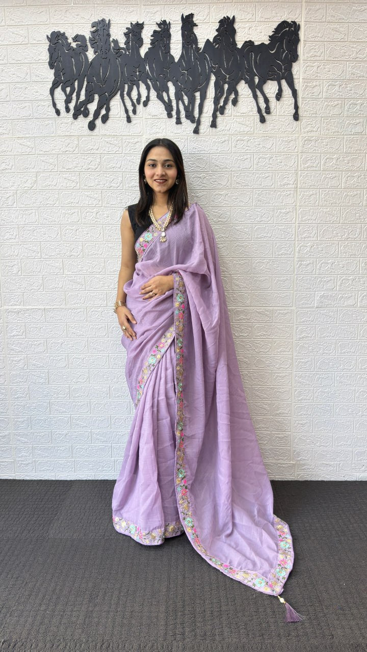Lavender Linen Silk Saree with Floral Embroidered Border