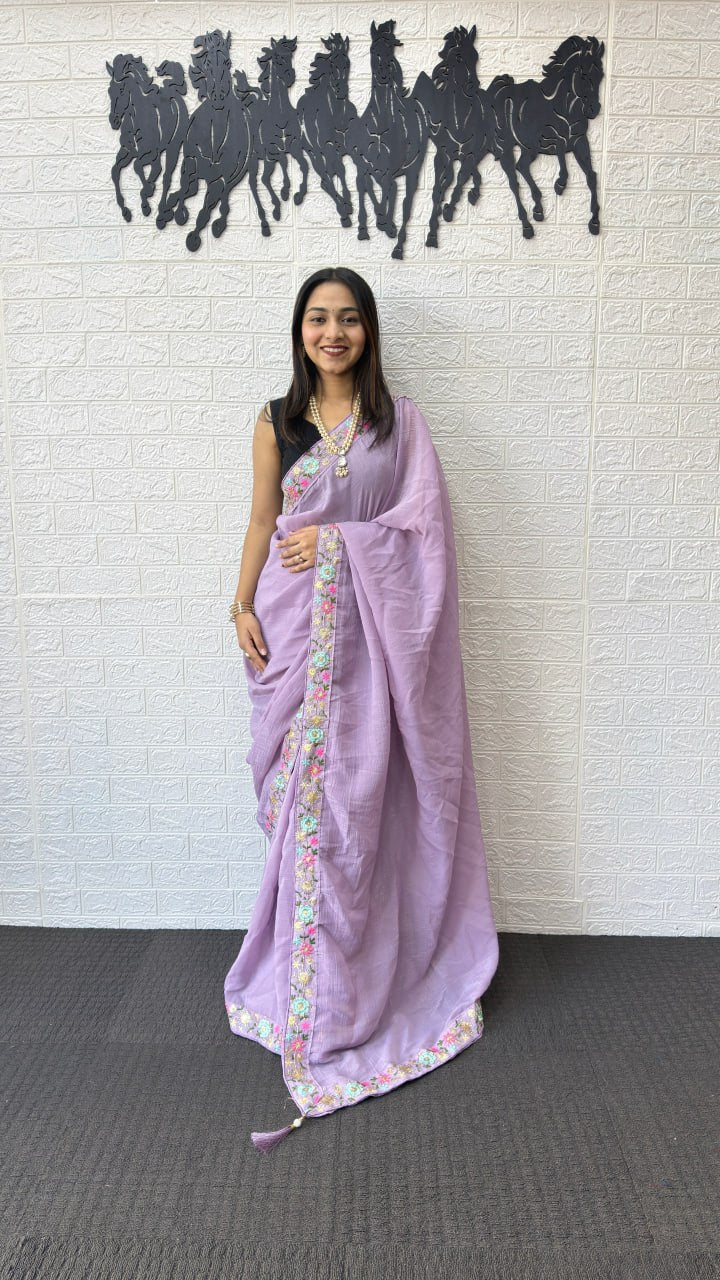 Lavender Linen Silk Saree with Floral Embroidered Border