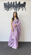 Lavender Linen Silk Saree with Floral Embroidered Border