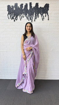 Lavender Linen Silk Saree with Floral Embroidered Border