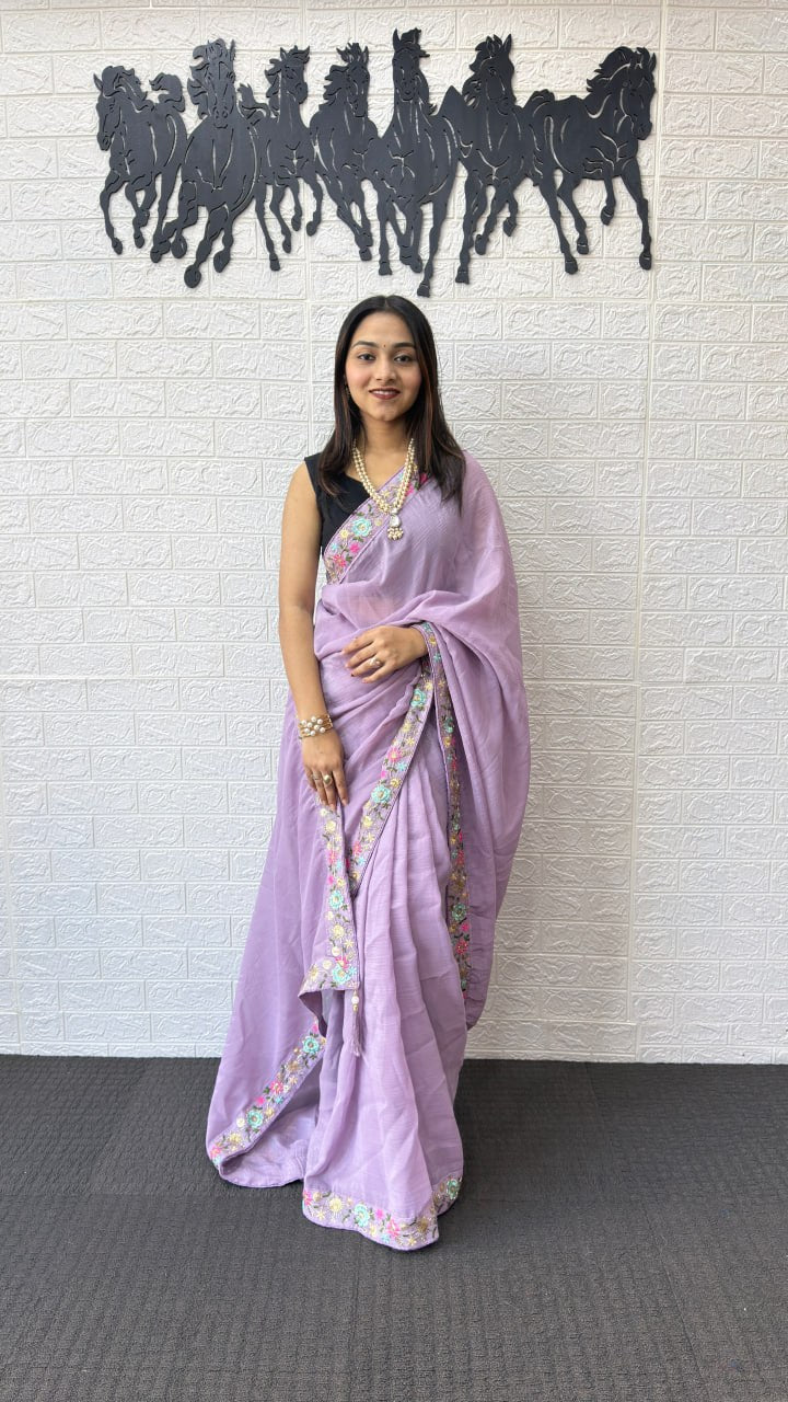 Lavender Linen Silk Saree with Floral Embroidered Border