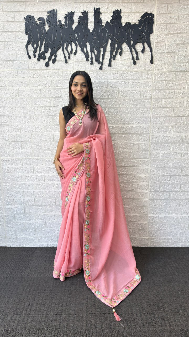 Blush Pink Linen Silk Saree with Floral Embroidered Border