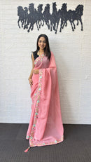 Blush Pink Linen Silk Saree with Floral Embroidered Border