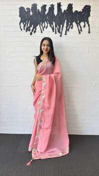 Blush Pink Linen Silk Saree with Floral Embroidered Border